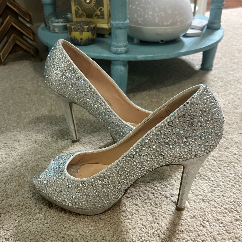 Pink Paradox London Silver Rhinestone Sparkle Glitter Heels Pumps Size 8